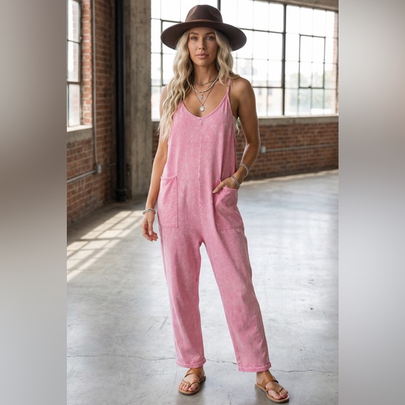 NWT Washed Pink Boho Pocket Harem Jumpsuit Jumper - Picture 2 of 5